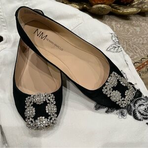 Neiman Marcus Black Crystal Buckle Flats